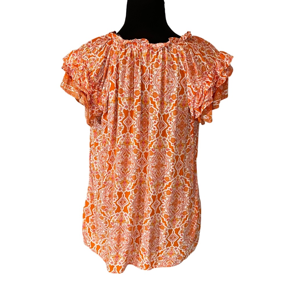 Rose + Olive Orange Paisley Print Tie Neck Ruffle Sleeve Blouse Top Womens Sz L - Picture 2 of 7